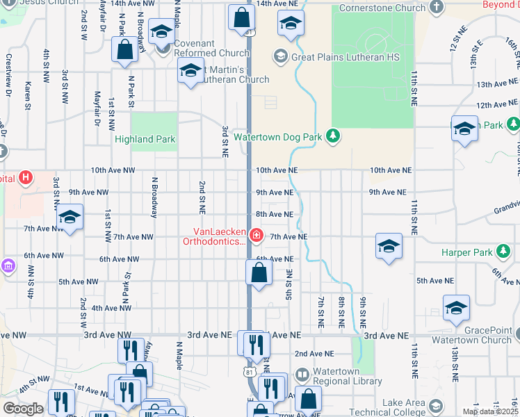 map of restaurants, bars, coffee shops, grocery stores, and more near 422 8th Avenue Northeast in Watertown