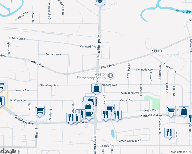 map of restaurants, bars, coffee shops, grocery stores, and more near 5116 Camp Phillips Road in Weston