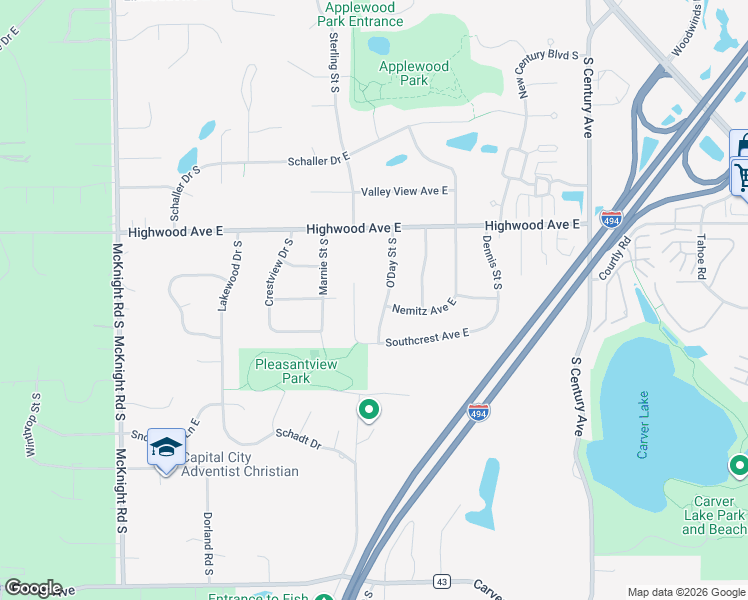 map of restaurants, bars, coffee shops, grocery stores, and more near 1043 O'Day Street South in Maplewood
