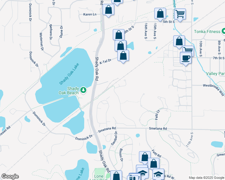 map of restaurants, bars, coffee shops, grocery stores, and more near 5305 Beachside Drive in Hopkins
