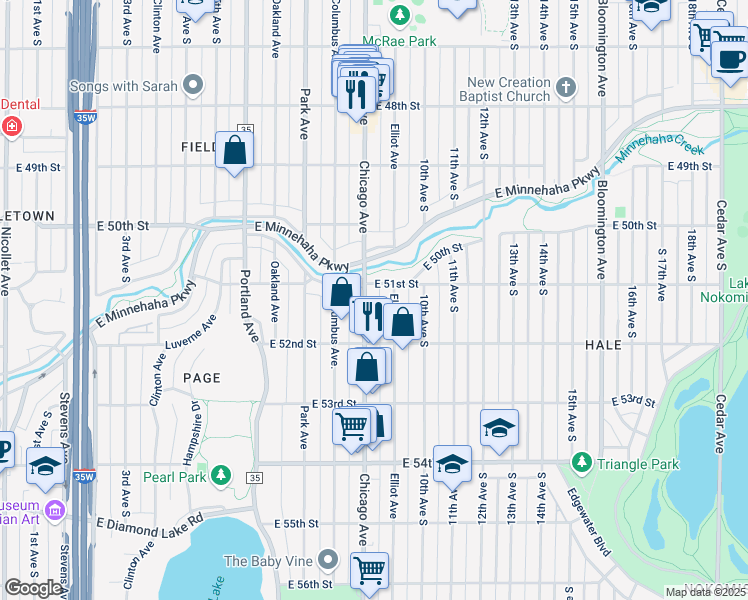 map of restaurants, bars, coffee shops, grocery stores, and more near 5127 Chicago Avenue in Minneapolis
