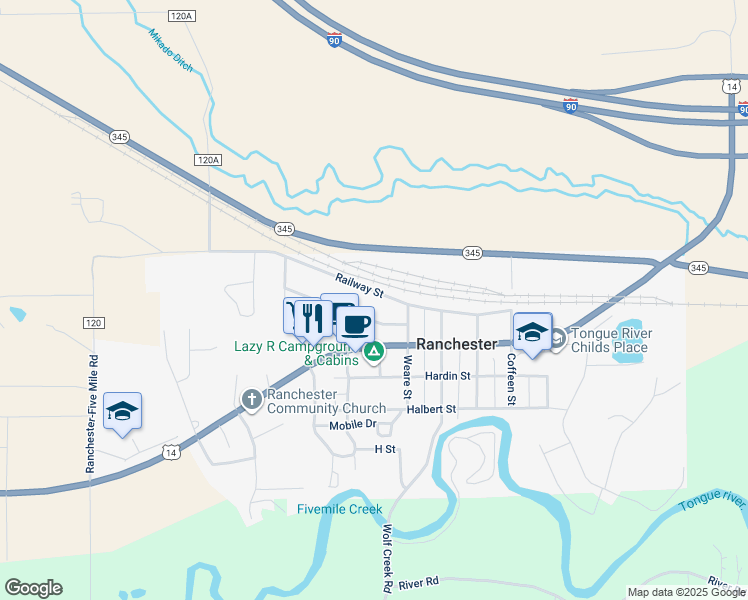 map of restaurants, bars, coffee shops, grocery stores, and more near 637 Betty St in Ranchester
