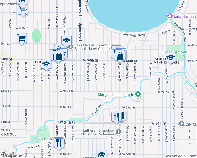 map of restaurants, bars, coffee shops, grocery stores, and more near 5119 Sheridan Avenue South in Minneapolis