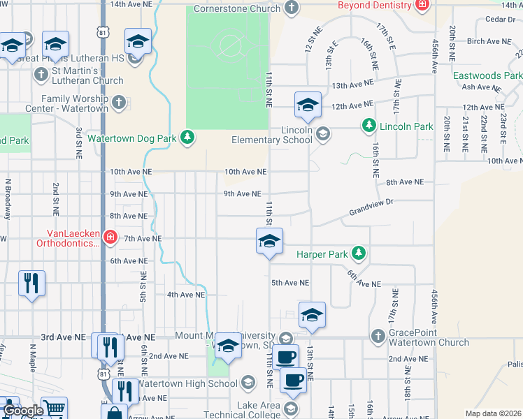 map of restaurants, bars, coffee shops, grocery stores, and more near 1101-1199 8th Ave NE in Watertown