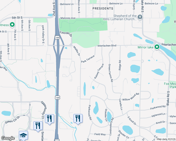 map of restaurants, bars, coffee shops, grocery stores, and more near 6741 Chalice Court in Minneapolis