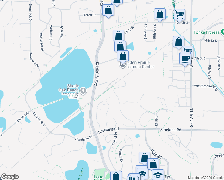 map of restaurants, bars, coffee shops, grocery stores, and more near 5190 Nolan Drive in Minnetonka