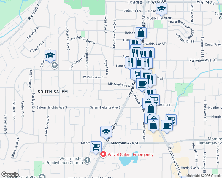 map of restaurants, bars, coffee shops, grocery stores, and more near 360 King Street South in Salem