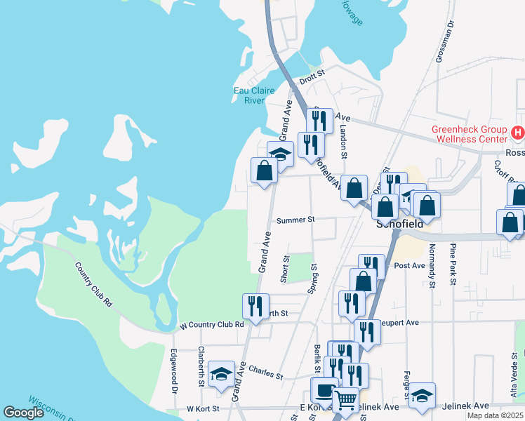 map of restaurants, bars, coffee shops, grocery stores, and more near 1500 Grand Avenue in Schofield