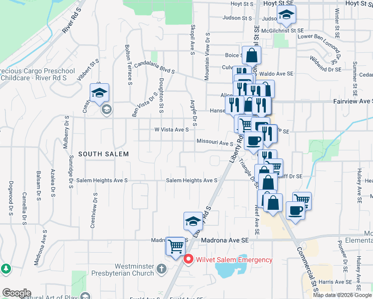 map of restaurants, bars, coffee shops, grocery stores, and more near 3240 Bonham Street South in Salem