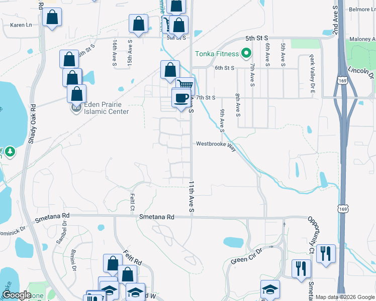 map of restaurants, bars, coffee shops, grocery stores, and more near 1101 Trailwood North in Hopkins