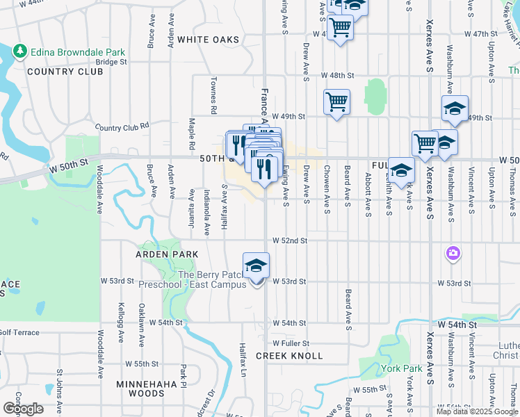 map of restaurants, bars, coffee shops, grocery stores, and more near 5100 France Avenue South in Minneapolis