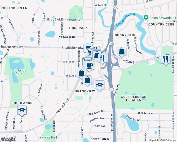 map of restaurants, bars, coffee shops, grocery stores, and more near 5101 Vernon Avenue South in Edina
