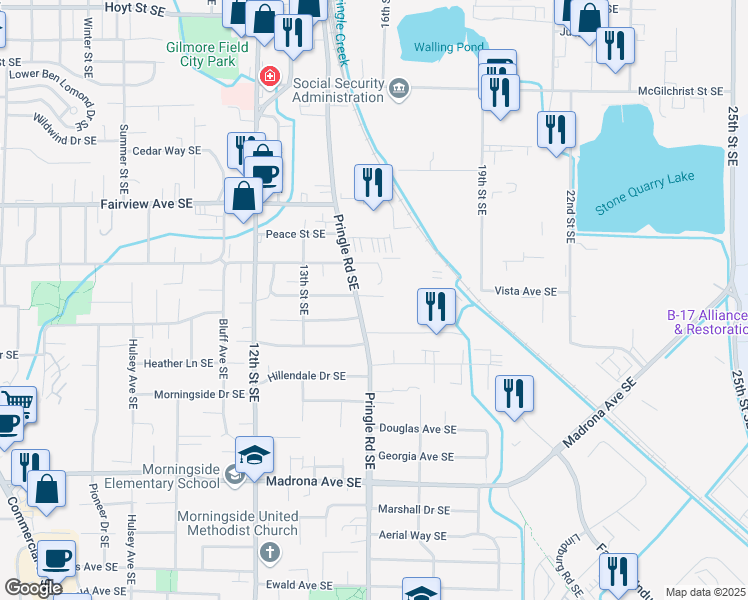 map of restaurants, bars, coffee shops, grocery stores, and more near 3138 Pringle Road Southeast in Salem