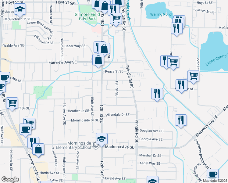 map of restaurants, bars, coffee shops, grocery stores, and more near 1313 Woodacre Drive Southeast in Salem