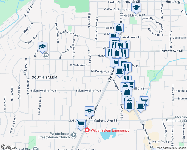 map of restaurants, bars, coffee shops, grocery stores, and more near 360 King Street South in Salem