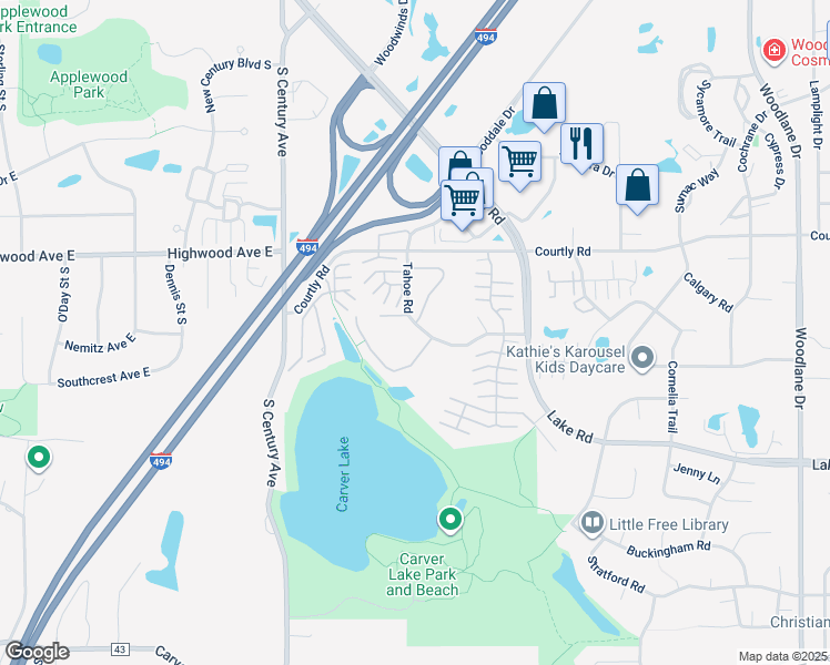 map of restaurants, bars, coffee shops, grocery stores, and more near 6213 Tahoe Place in Saint Paul