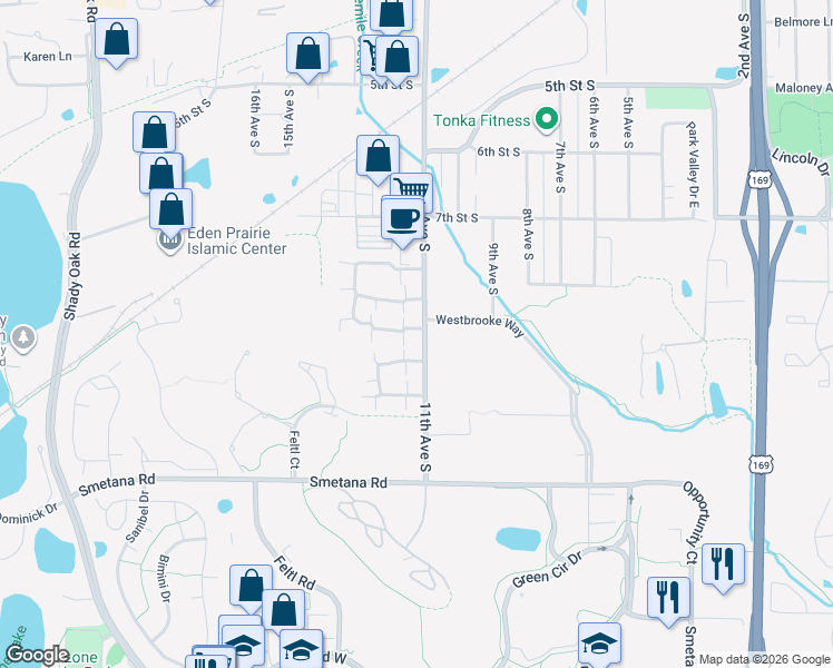 map of restaurants, bars, coffee shops, grocery stores, and more near 1101 Trailwood North in Hopkins
