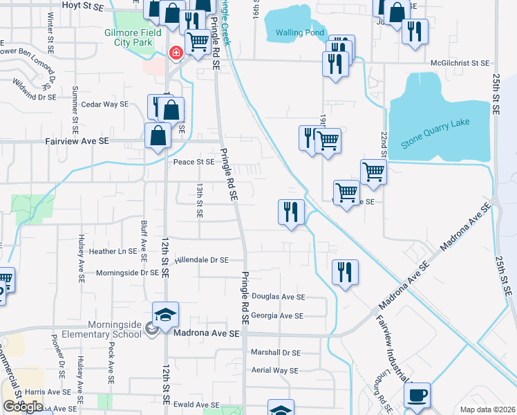 map of restaurants, bars, coffee shops, grocery stores, and more near 3158 Pringle Road Southeast in Salem