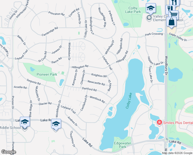 map of restaurants, bars, coffee shops, grocery stores, and more near 9404 Newcastle Road in Woodbury