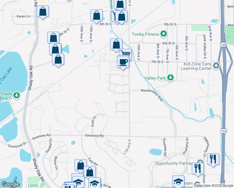 map of restaurants, bars, coffee shops, grocery stores, and more near 1132 Wagon Wheel Road in Hopkins