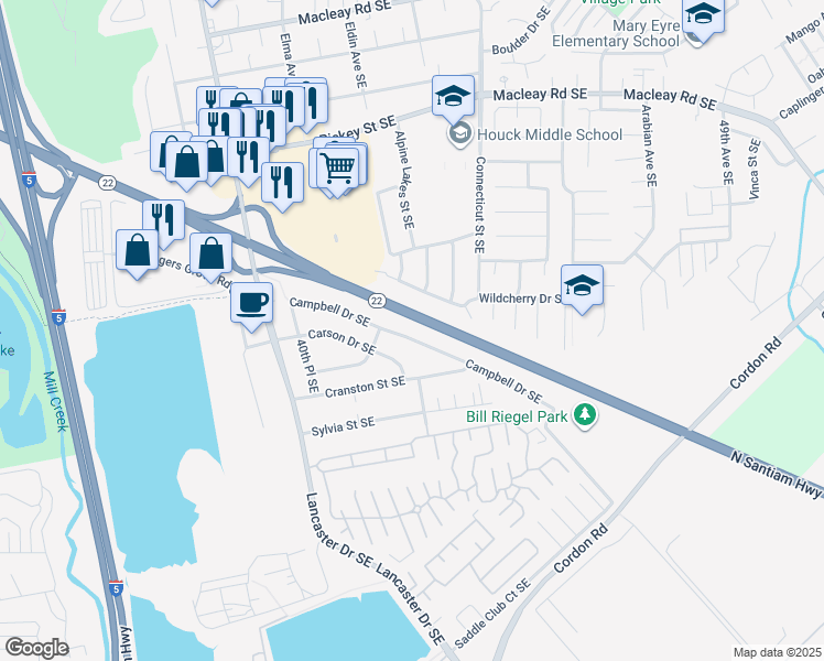 map of restaurants, bars, coffee shops, grocery stores, and more near 4253 Campbell Drive Southeast in Salem
