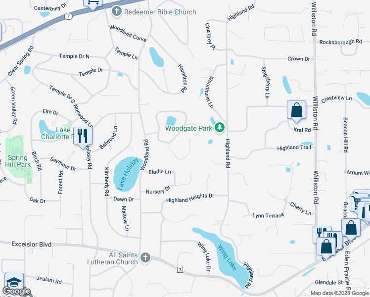 map of restaurants, bars, coffee shops, grocery stores, and more near 15689 Woodgate Road South in Minnetonka