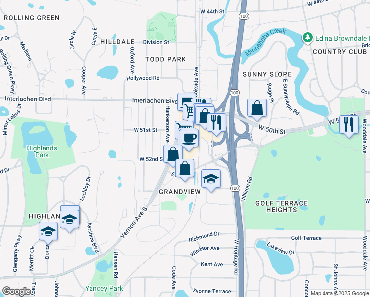map of restaurants, bars, coffee shops, grocery stores, and more near 5101 Vernon Avenue South in Edina