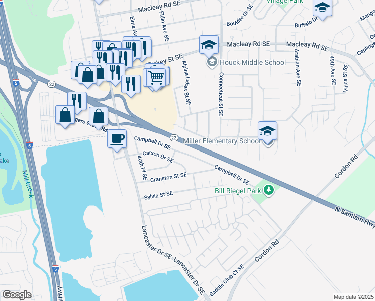 map of restaurants, bars, coffee shops, grocery stores, and more near 4233 Campbell Drive Southeast in Salem