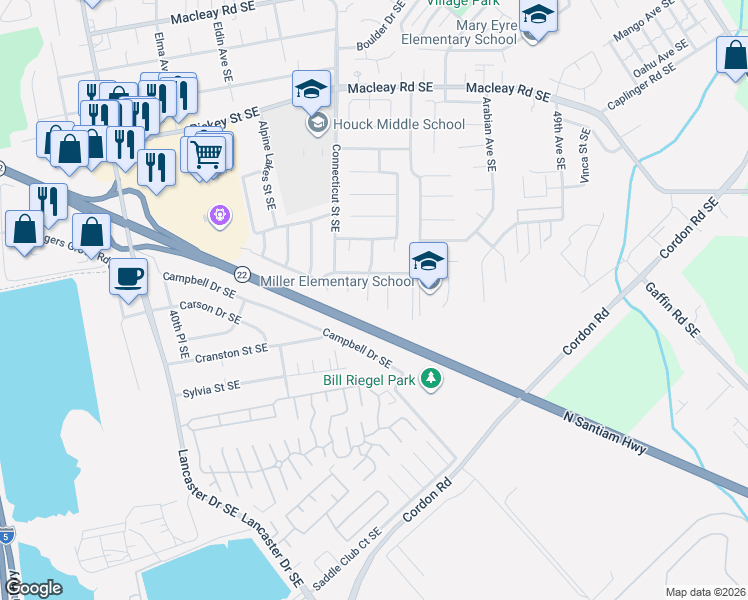 map of restaurants, bars, coffee shops, grocery stores, and more near 1753 Cherry Bloom Court Southeast in Salem