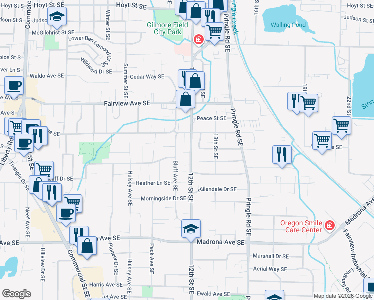 map of restaurants, bars, coffee shops, grocery stores, and more near 3192 Bluff Avenue Southeast in Salem