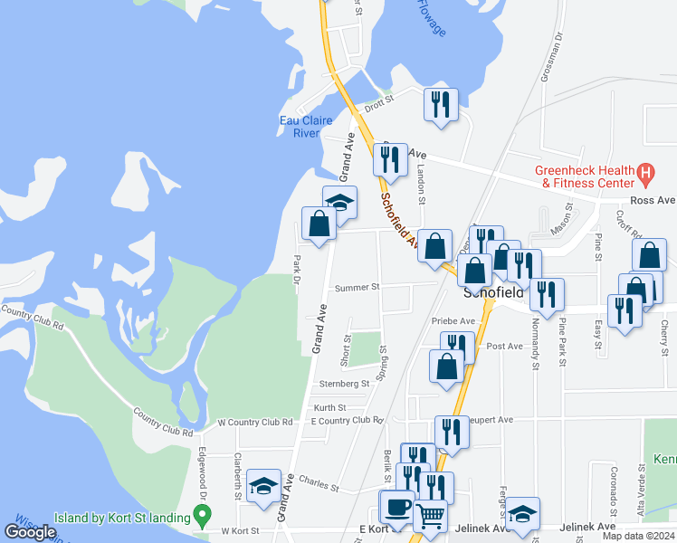 map of restaurants, bars, coffee shops, grocery stores, and more near 112 Summer Street in Schofield