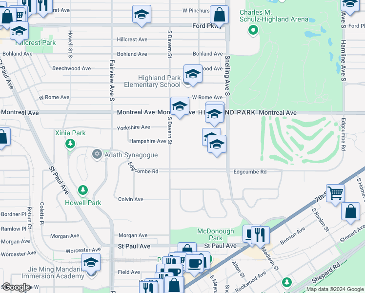 map of restaurants, bars, coffee shops, grocery stores, and more near 1036 South Davern Street in Saint Paul