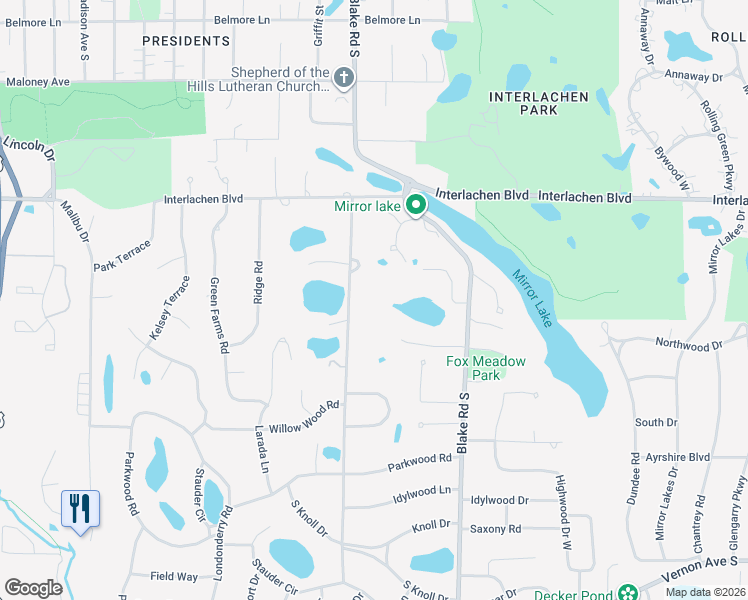 map of restaurants, bars, coffee shops, grocery stores, and more near 5201 Schaefer Road in Minneapolis