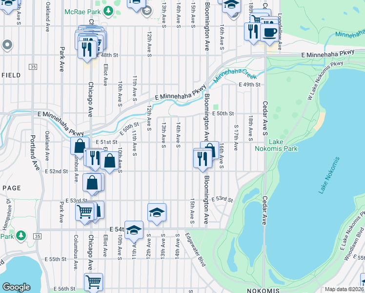 map of restaurants, bars, coffee shops, grocery stores, and more near 5120 14th Avenue South in Minneapolis