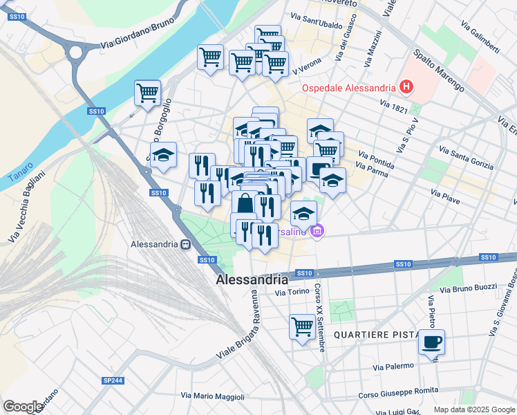 map of restaurants, bars, coffee shops, grocery stores, and more near 114 Corso Roma in Alessandria