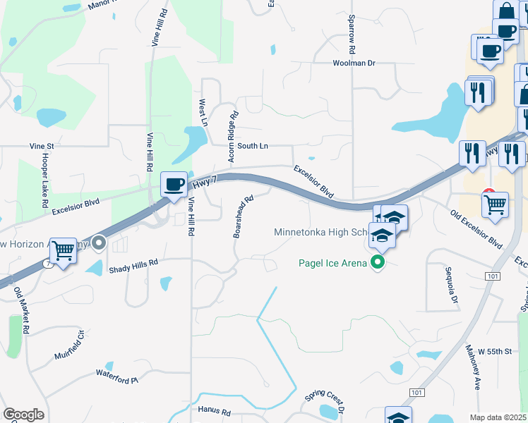 map of restaurants, bars, coffee shops, grocery stores, and more near 5101 Boarshead Road in Minnetonka