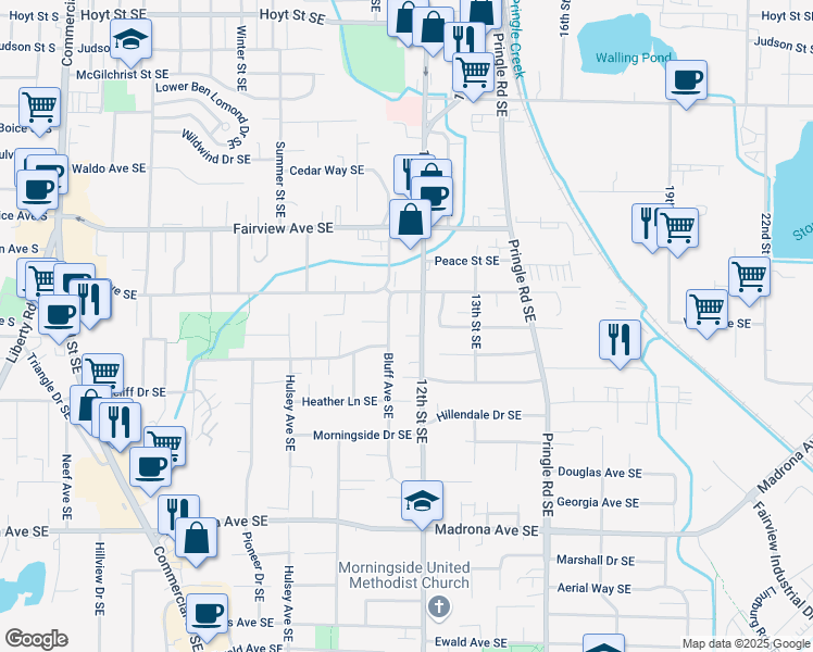 map of restaurants, bars, coffee shops, grocery stores, and more near 3102 Bluff Avenue Southeast in Salem