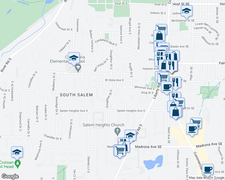 map of restaurants, bars, coffee shops, grocery stores, and more near 3220 Doughton Street South in Salem