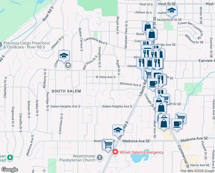 map of restaurants, bars, coffee shops, grocery stores, and more near 3220 Cooke Street South in Salem