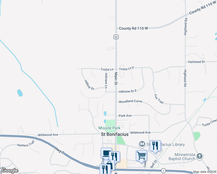 map of restaurants, bars, coffee shops, grocery stores, and more near 3760 Hillview Lane in Saint Bonifacius