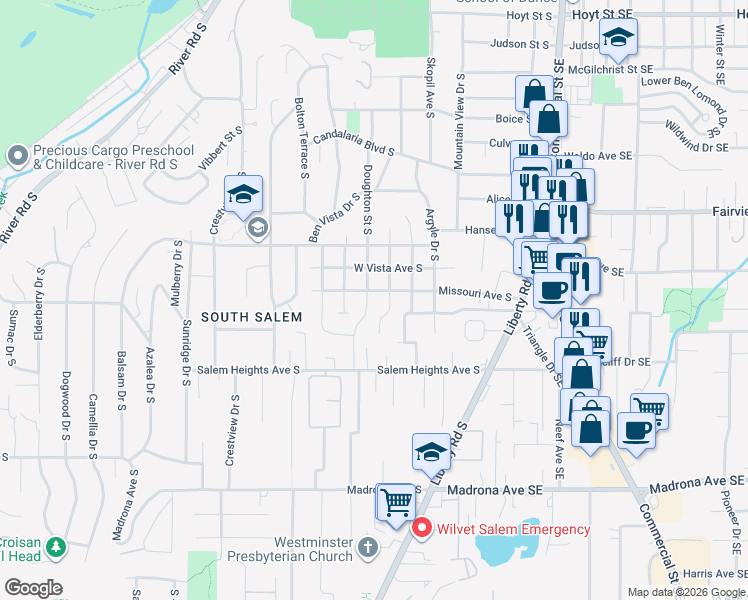map of restaurants, bars, coffee shops, grocery stores, and more near 3241 Cooke Street South in Salem