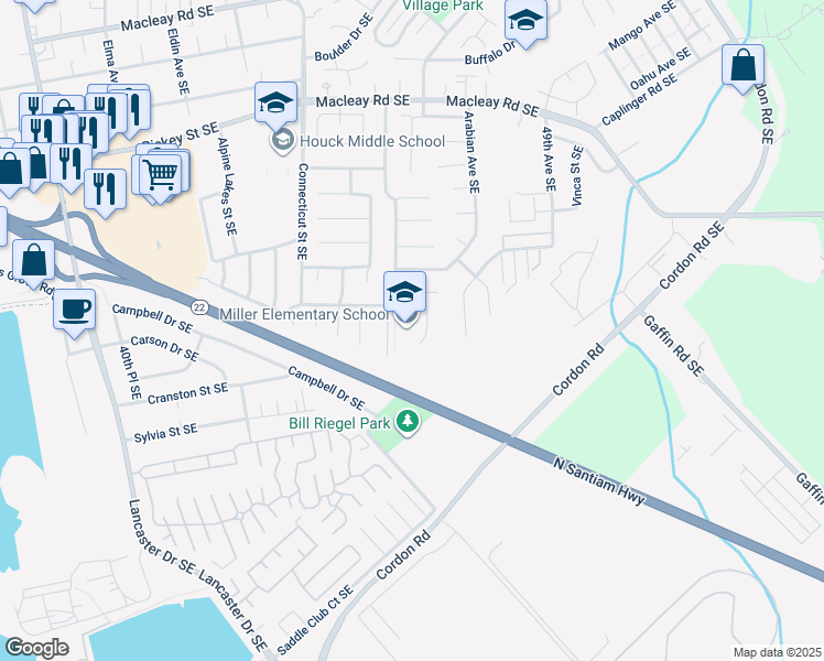 map of restaurants, bars, coffee shops, grocery stores, and more near 1725 46th Place Southeast in Salem
