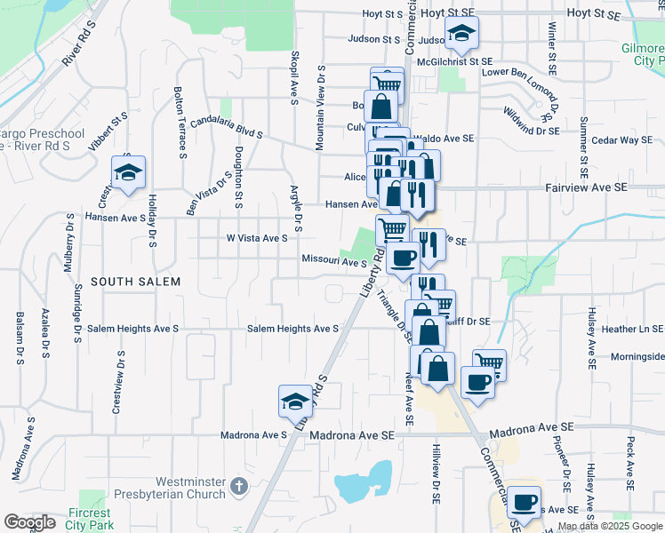 map of restaurants, bars, coffee shops, grocery stores, and more near 245 South View Place South in Salem