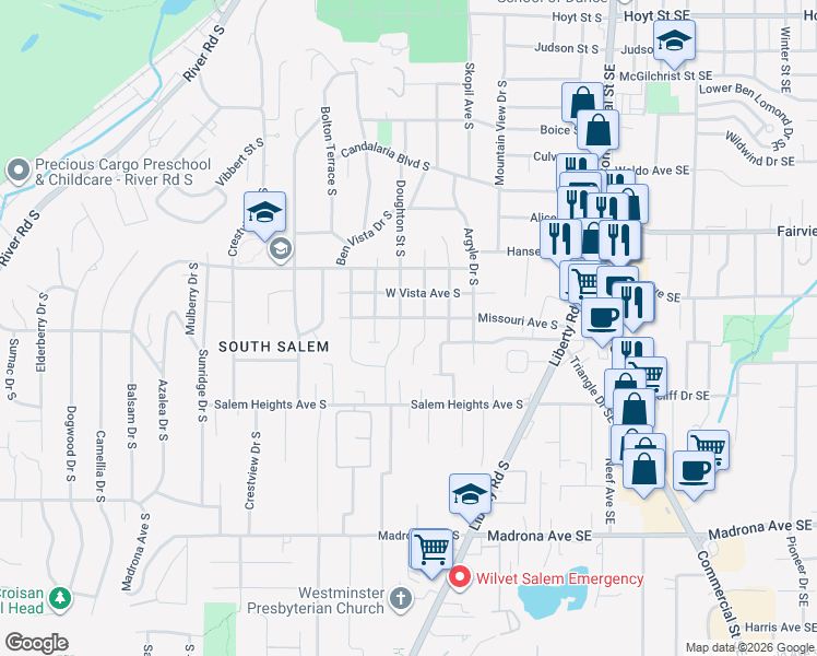 map of restaurants, bars, coffee shops, grocery stores, and more near 3241 Cooke Street South in Salem