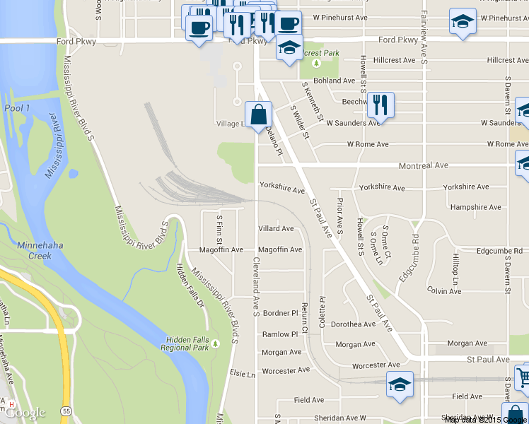 map of restaurants, bars, coffee shops, grocery stores, and more near 1045 Cleveland Avenue South in Saint Paul