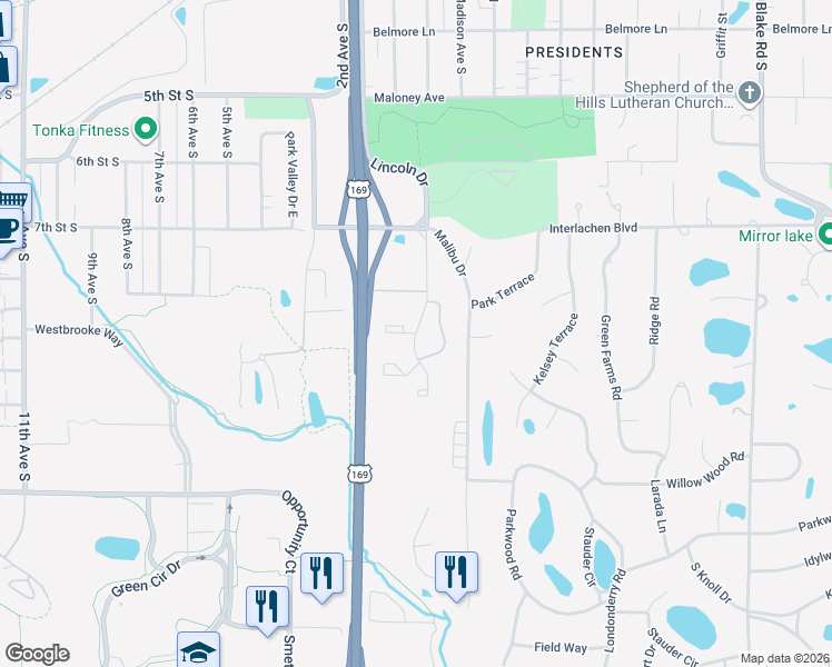 map of restaurants, bars, coffee shops, grocery stores, and more near 5156 Lincoln Drive in Edina