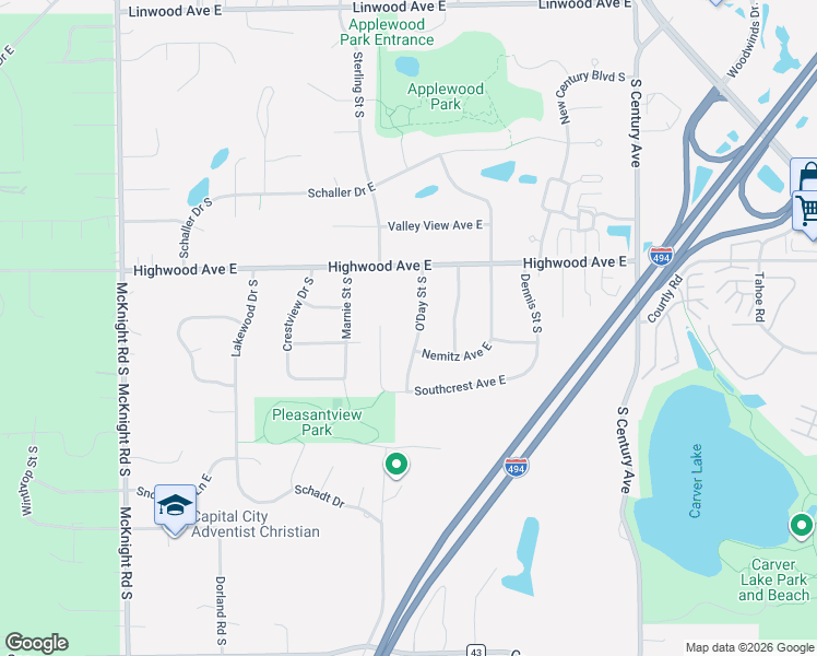 map of restaurants, bars, coffee shops, grocery stores, and more near 1043 O'Day Street South in Maplewood