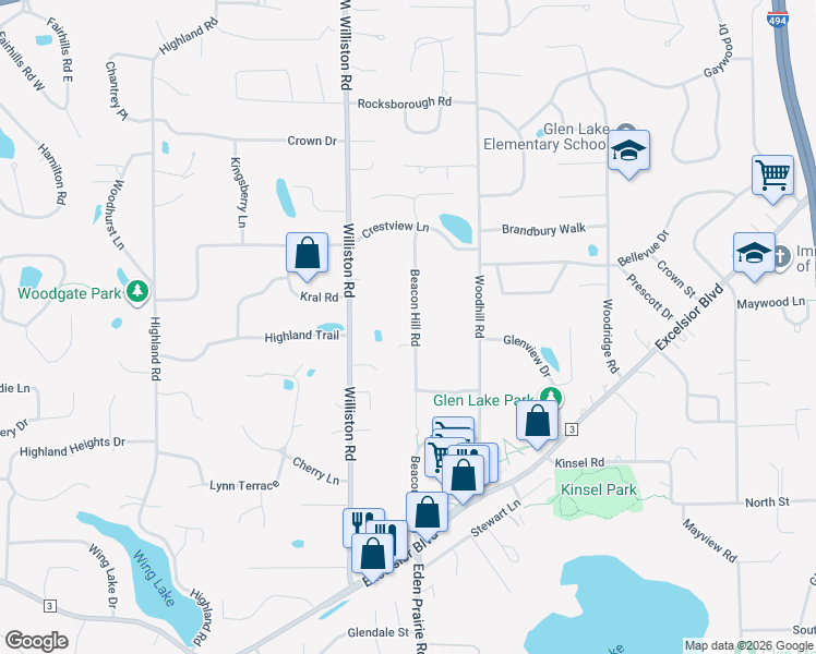 map of restaurants, bars, coffee shops, grocery stores, and more near 5108 Beacon Hill Road in Minnetonka