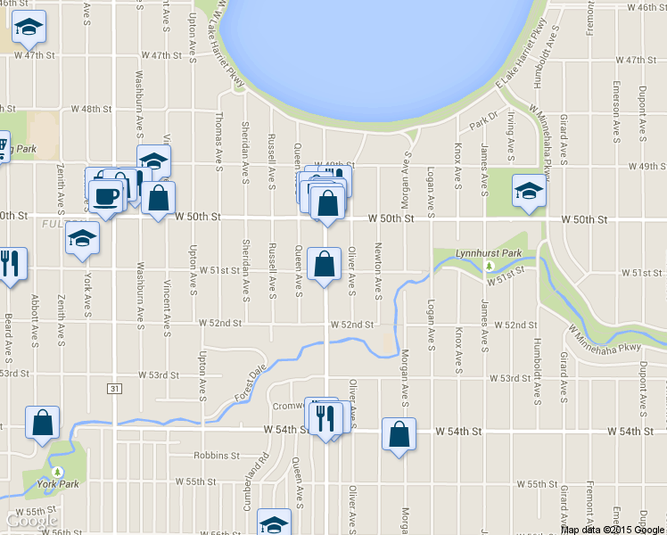 map of restaurants, bars, coffee shops, grocery stores, and more near 5116 County Road 32 in Minneapolis