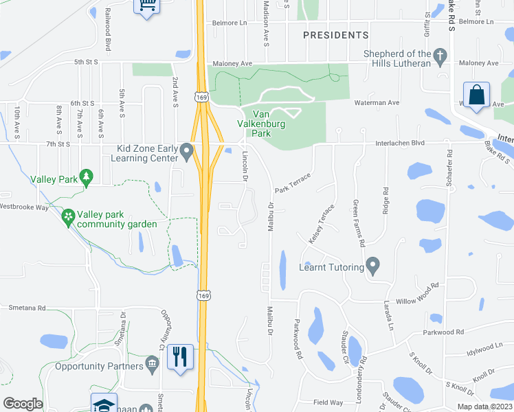 map of restaurants, bars, coffee shops, grocery stores, and more near 5160 Malibu Drive in Minneapolis